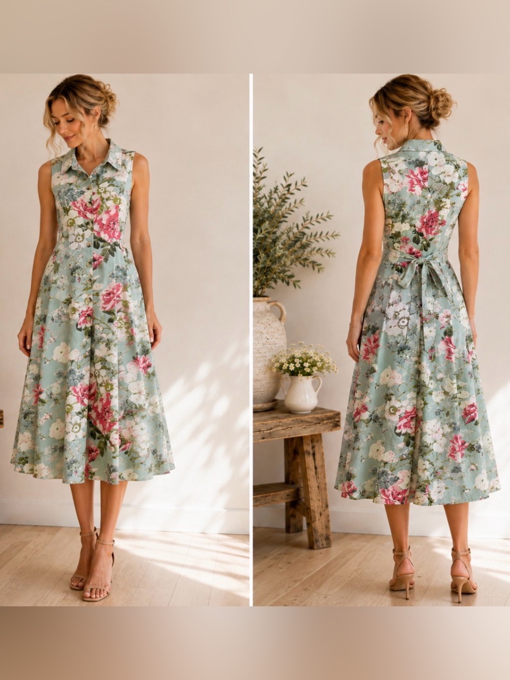 Bombay & Paisley Sage Blue Pink Floral Cotton Linen Midi Shirt Dress Medium